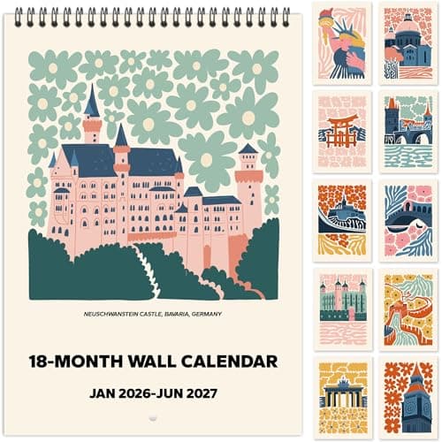 2026 Wall Calendar Art Floral, Aesthetic 18 Months Wall Calendar from January 2026 - June 2027, Unique World Travel Modern Hanging Monthly Calendar for Home Office Decor, 8.2" x 23" Open
