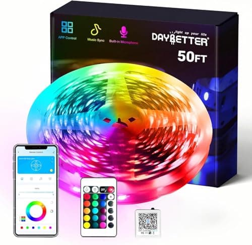 DAYBETTER Smart RGB Led Strip Lights, 50ft Led Lights for Bedroom with App Control, Multicolor Changing Led Light Strips Apply for Home Decor, Living Room, Kitchen, Home Party Decoration