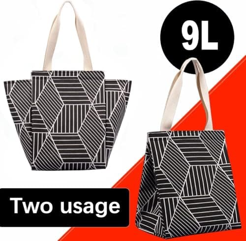 iknoe Insulated Lunch Bag for Women & Adults, 9L Foldable Wide-Open Cooler Bag with Pockets, Leakproof & Portable, for Picnic, Office, Beach, Black Rhombus 7