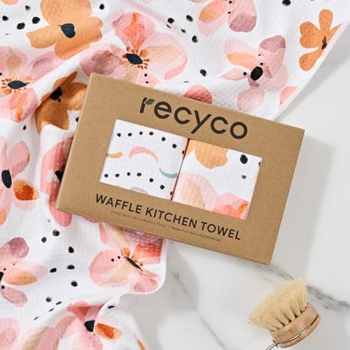 RECYCO Waffle Kitchen Towel Set of 2 - Quick Dry Microfiber Sustainable Dish Towels - Ultra Absorbent Reusable Cleaning Tea Towels - Lightweight Hand Towels,16”x 28”, Blossom Breeze 7