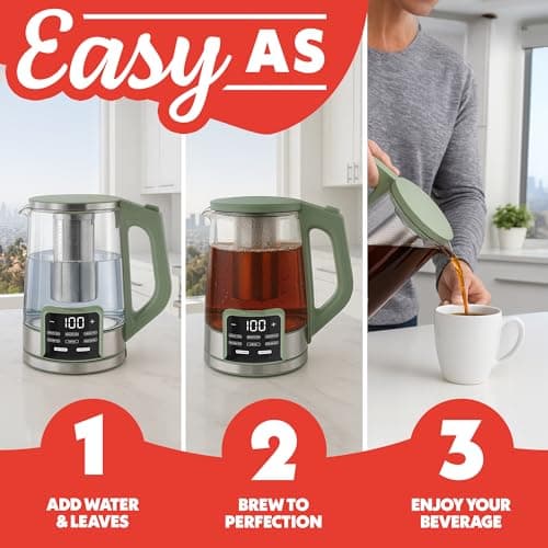 Gourmia Electric Glass Kettle – 1.7L Programmable Tea & Coffee Brewer with Digital Touch Display, 6 Presets, Removable Stainless Steel Infuser, Cordless with 360° Swivel Base, Green 10