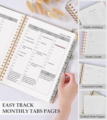 2026 Planner, Weekly and Monthly Calendar Planner from January 2026 - December 2026, 8.5" x 11" Hardcover Leather Hourly Appointment Book with Tabs, Spiral Daily Planners for School Work Home, Green 6