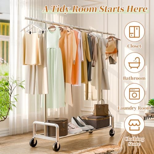 Simple Trending Heavy Duty Clothing Clothes Rack with Wheels for Hanging, Metal Rolling Garment Rack Organizer Load 500 LBS, Chrome 5