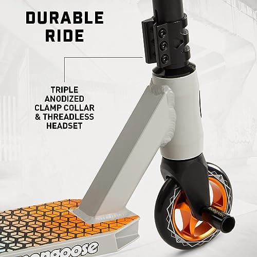 Mongoose Rise 110 Elite Freestyle Stunt Trick Scooter, Lightweight Alloy Deck & Heavy-Duty Frame Up to 220 lbs., Bike-Style Grip, Wheel Pegs Included, Grey/Orange 5