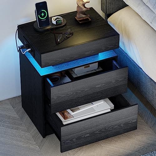 LIKIMIO Night Stand with Charging Station, Modern Black Nightstand with LED Light and Drawers, Bedside Tables/End Table for Bedroom