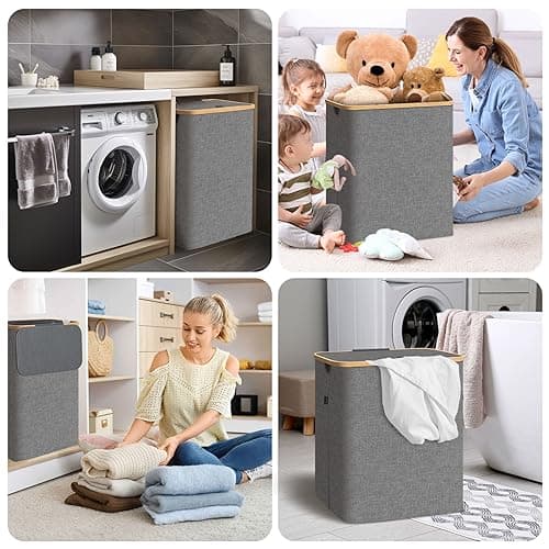 BALEINE Laundry Hamper with Lid, Tall Laundry Baskets with Bamboo Pull Handles, Large Laundry Bin with Internal Support (26 Gal/100L, Grey) 8