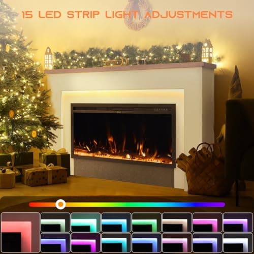 Weyderk 62" Electric Fireplace with Mantel, Fireplace TV Stand with 42" Insert for Livingroom/Bedroom, 12 Realistic 3D Flame Effects & 15 LED Colors, Remote Control, 750/1500W Heats, Timer, White 7