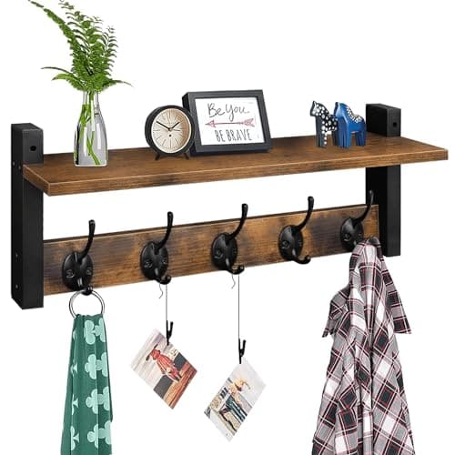 Homode Wall Hooks with Shelf, Wood Coat Rack with Shelf Wall-Mounted, Entryway Hanging Shelves with 5 Metal Hooks for Clothes Hats Towel Purse Robes, Bathroom Mudroom Bedroom, Rustic Brown Black