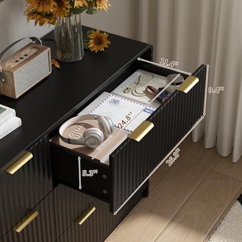 SINROM Black Dresser for Bedroom, 55" Fluted Dresser with Gold Handles, 6 Drawer Double Dressers, Modern Chest of Drawers for Bedroom, Closet 6