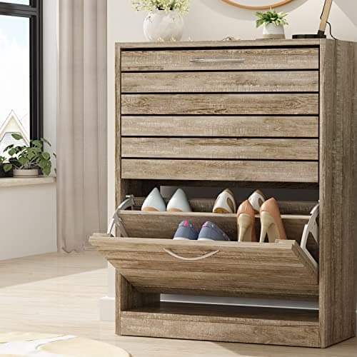 FUFU&GAGA Shoe Storage Cabinet with 2 Flip Drawers for Entryway, Modern, Freestanding Rack Organizer (22.4”W x 9.4”D x 29.5”H) (Light Brown)