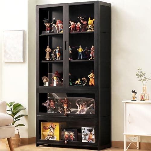 SNVHA-66 Display Cabinet, Curio Display Cabinet with Acrylic Glass Door, Bamboo Storage Cabinet Large Capacity Collectibles Toy Display Case for Living Room, Kitchen, Pantry, Grey 8