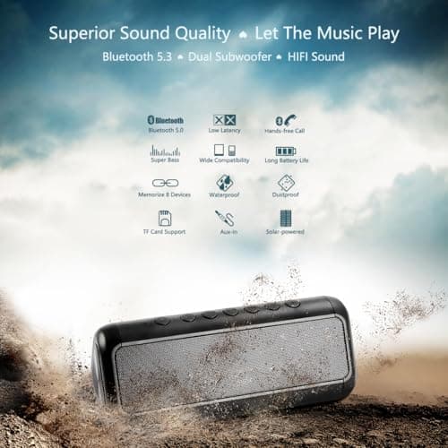 Solar Bluetooth Speaker Portable Wireless, 50H Playtime with HD Stereo Sound,5000mAh Can Charge Cell Phone,BT5.3,Outdoor Waterproof IPX6,TWS Pairing/AUX/TF play for Camping/Beach/Party/travel/Cycling 5