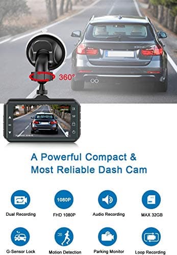 Dash Cam Front and Rear CHORTAU Dual Dash Cam 3 inch Dashboard Camera Full HD 170° Wide Angle Backup Camera with Night Vision WDR G-Sensor Parking Monitor Loop Recording Motion Detection 3