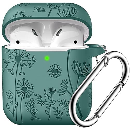 Lerobo Flower Engraved Cover for AirPods Case, Stylish Soft Silicone Protector with Keychain Compatible with Apple AirPod 1st/2nd Generation Charging Case, Front LED Visible, Pine Green