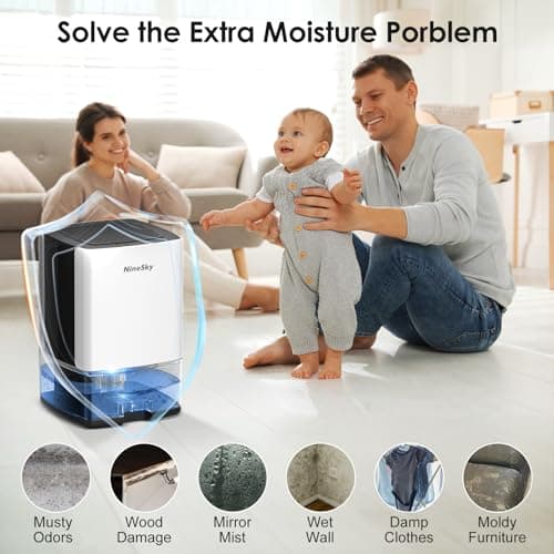 NineSky Dehumidifier for Home, 30oz Water Tank,(300 sq.ft) Dehumidifiers for Bedroom, Bathroom, Basement with 7 Colorful Lights, Auto Shut Off(C1 White) 6