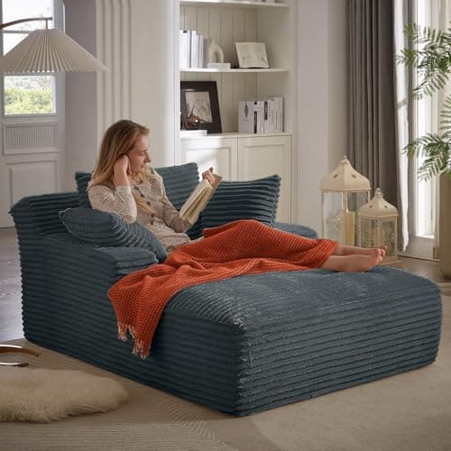 HRVEOCEI 67" Chaise Lounge Indoor, Oversized Chaise Lounge Chair with 3 Comfy Pillows for Living Room Bedroom, Wide Arms Corduroy Fabric High-Density Foam No Assembly Required (Grey)