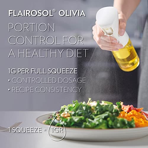 FLAIROSOL OLIVIA. The Original Advanced Oil Sprayer for Cooking, Kitchen, Salads, BBQs, Continuous Spray with Portion Control, 130ml Glass Olive Oil Sprayer(White Print) 5