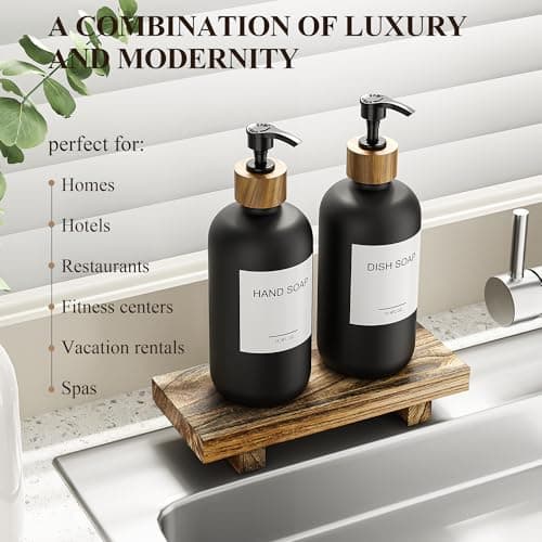 Cisily Black Soap Dispenser Set with Wooden Tray, Dish and Hand Soap Lotion Dispenser Set with Wooden Pump for Kitchen and Bathroom Decor for Counter, Modern Vintage Liquid Soap Dispensers 6