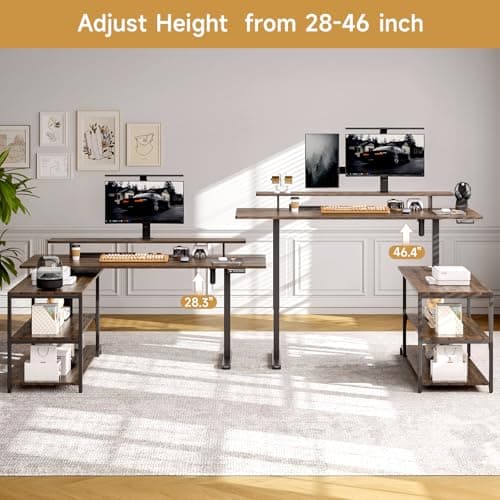 ONBRILL L Shaped Standing Desk with File Cabinet, 63x24'' Electric Stand Up Desk with Monitor and Storage Shelf, Adjustable Height 28-46'' for Home and Computer Workstation, Walnut 8