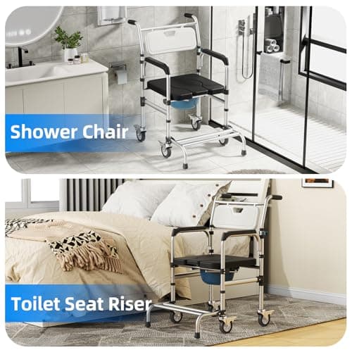 4 in 1 Rolling Bedside Commode Chair with Wheels for Elderly, Shower Chair with Handles, Adjustable Height Raised Toilet Seat for Seniors,Disabled and Pregnant Holds Up to 350 lbs (Black) 6