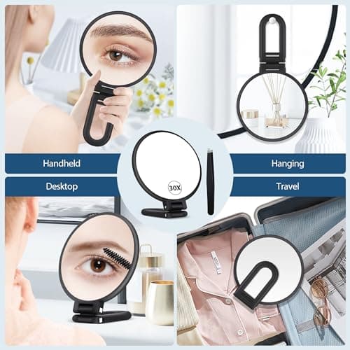 B Beauty Planet 30X Magnifying Mirror, Hand Mirror with Handle, Double Sided Hand Mirror with 30X/1X Magnification, Travel Essential Portable Foldable Makeup Mirror for Precision Makeup Black 5