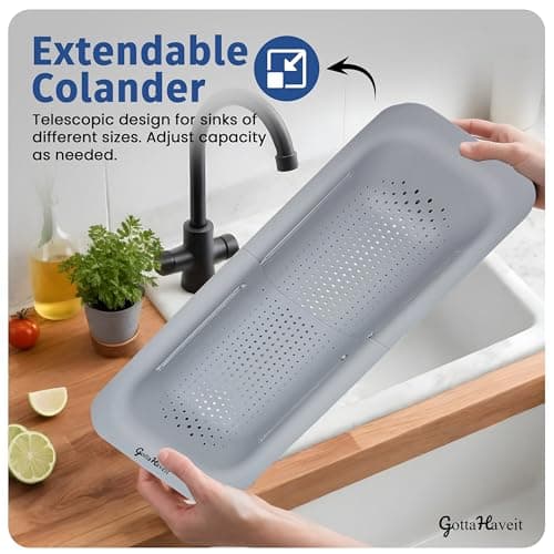 GottaHaveit Over The Sink Colander for Kitchen - Collapsible Strainer Basket, for Fruit and Vegetable Wash, Drain Pasta, Dry Dishes. (7.9” W, x 14-19.3” L, x 2.75” H) Gray 4