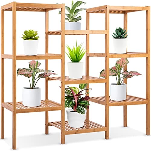 Bamboo 9 Tier Plant Stand - Free Standing Storage Shelves for Multiple Potted Plants, Corner Shelf House Accessories Indoor and Outdoor Use, Tall Wood Holder For Backyard, Balcony, Patio, Garden