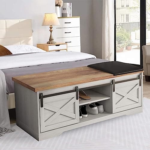 SAINTCY Modern White Entryway Bench with Hidden Shoe Storage Compartment, Farmhouse Bench with Cushion 9