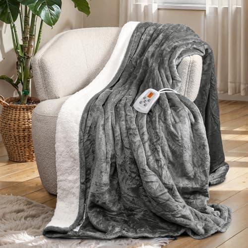 SUNVIVI Electric Heated Blanket, 84" x 62" Twin Size Electric Blanket with 10 Heating Levels and 12 Hours Auto-Off, Soft Flannel and Sherp Blanket with ETL & FCC Certification, Grey