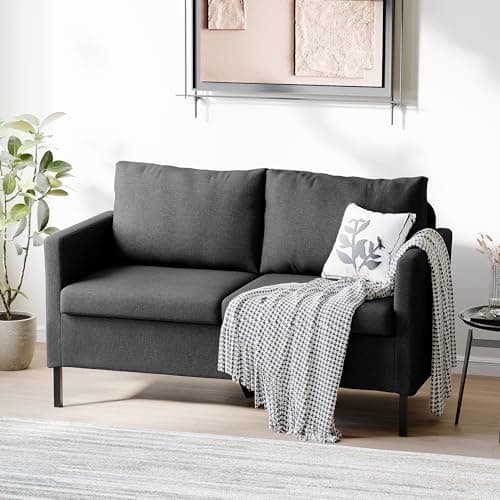 TYBOATLE Linen Fabric Modern Small Loveseat Sofa Couch for Living Room, 51" W Little Upholstered 2-Seater Mini Love Seats w/Iron Legs for Small Space, Apartment, Bedroom, Dorm, Office (Dark Grey) 9