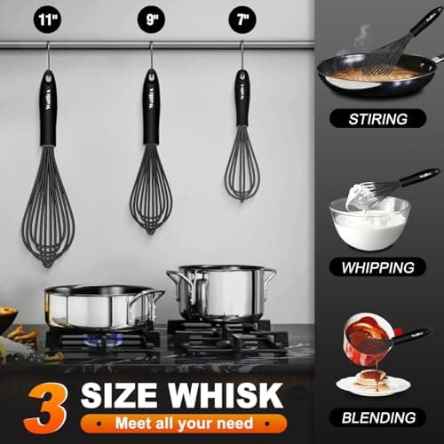 Walfos Silicone Whisk,Stainless Steel Wire Whisk Set of 3 -Heat Resistant 480°F Kitchen Whisks for Non-stick Cookware,Balloon Egg Beater Perfect for Blending,Whisking,Beating,Frothing & Stirring,Black 5