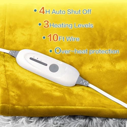 JIAMEIDING Heated Electric Blanket Throw 50" x 60" with 3 Heating Levels, 4 Hour Auto Off, Fast Heating,2 Sided Flannel with ETL&FCC Certification and Machine Washable, Home Office Travel Use,Yellow 5