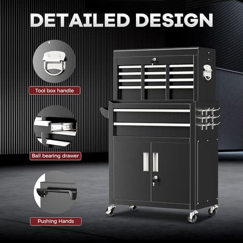 Bonusall 8 Drawer Rolling Tool Chest and Cabinet Combo,Heavy-Duty Metal Garage Tool Chest with Wheels and 2 Doors,2-in-1 Top Box and Roller Cabinet Combo for Garage, Workshop, Warehouse-Black 5