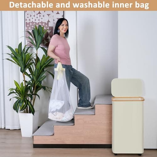 iEGrow 75L Laundry Hamper with Wheels,Clothes Hamper for Laundry,Slim Laundry Basket with Lid & Inner Bag,for Laundry Room, Bedroom, Dormitory Organization,Beige 5