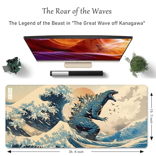 ProbTis Japanese Mouse Pad, Kanagawa Great Wave Mouse Pad, XXL Anime Gaming Keyboard Mat, Stitched Edges Rubber Base, XXL Big Extended Desk Protector for Home Office, 35.4”x15.7” (Sea Wave - Monster) 6