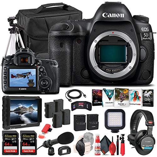 Canon EOS 5D Mark IV DSLR Camera (Body Only) (1483C002), 4K Monitor, Pro Headphones, Pro Mic, 2 x 64GB Memory Card, Case, Corel Photo Software, Tripod, 3 x LPE6 Battery + More