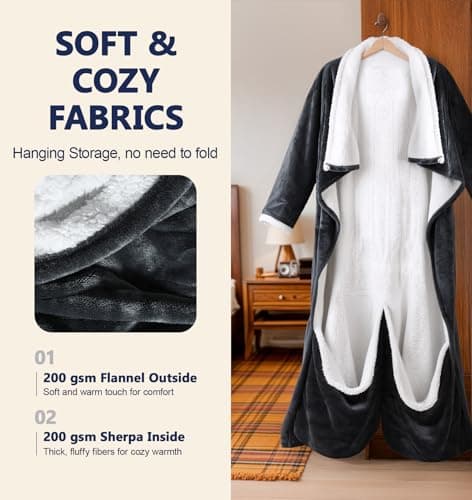 PASAMIC Electric Wearable Heated Blanket with Foot Pocket, Heated Blanket Wearable with Sleeves, Flannel & Sherpa Electric Throw, 10 Heat Settings & 2-8H Auto Shut-Off, 50 * 70"+18", Dark Grey 6