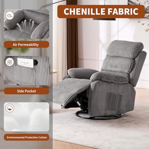 Seanrum Plush Premium Velvet 360° Swivel Rocker Recliner Chair - High Back Glider with Generous Footrest, Supportive Armrests & Side Pocket for Nursery, Living Room & Small Spaces Grey 5