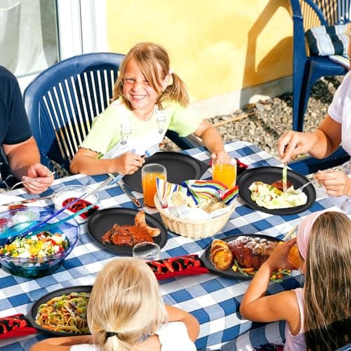 Lallisa 6 Set Cast Iron Fajita Plate Sizzle Pan Pre Seasoned Cast Iron Skillet with Anti Scald Protection Hot Mitt Evenly Heated Flat Sizzle Plates for Kitchen Party Restaurant Service 6