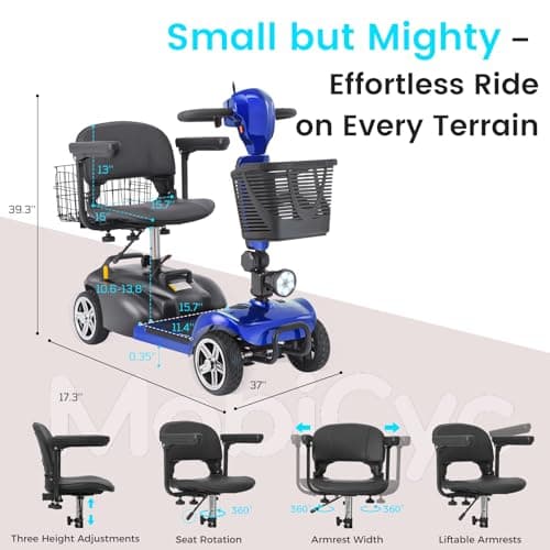 MobiCyc 4 Wheel Mobility Scooters for Seniors - Up to 15 Miles Range,Folding Powered Mobility Scooter Device w/600WH Battery,Only 58 lb Weight, Dual Basket, 300 lb Capacity, Compact 6