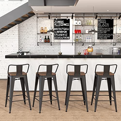 Yongchuang 24" Metal Barstools Set of 4 Counter Bar Stools with Wood Top Low Back Matte Black 8