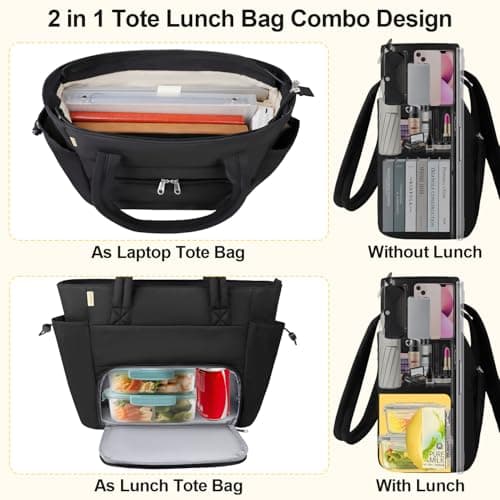 Veirdro Work Laptop Tote Bag for Women with Insulated Lunch Compartment, Lightweight Puffy Lunch Tote Bag with 15.6 Inch Laptop Compartment, Quilted Laptop Bags for Office Commuter Teacher Nurse Black 6