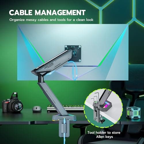 ARES WING RGB Single Monitor Arm Desk Mount for 17-45 inches Flat and Curved Monitors, Holds 35.2 lbs Heavy Duty, Adjustable Ultrawide Monitor Arm with Clamp & Grommet Base, 75/100 VESA Mount, Gray 6