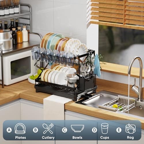 Jifvrnk Dish Drying Rack Collapsible & Rustproof, 2 Tier Dish Rack with Drainboard, Wine Glass Holder & Utensil Holder, Dish Racks for Kitchen Counter, Dish Drainer, Black 6