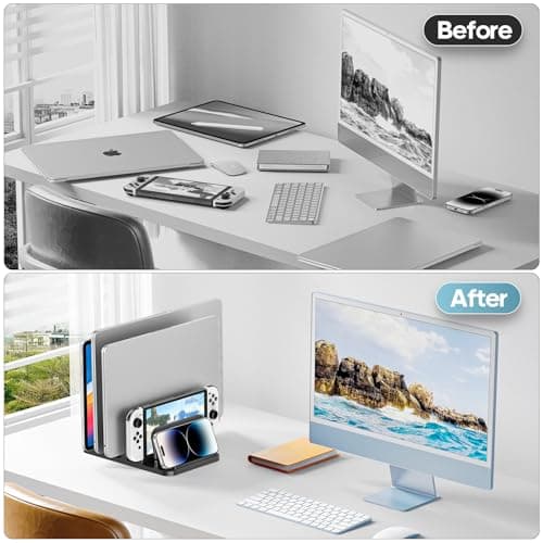 KDD 4-Slot Vertical Laptop Stand with Gravity Locking, 6-in-1 Laptop Holder Desktop Stand, Space-Saving Organizer Fits MacBook/Surface/HP/Dell/Book/Tablet/Switch/Cell Phone and Keyboard 7