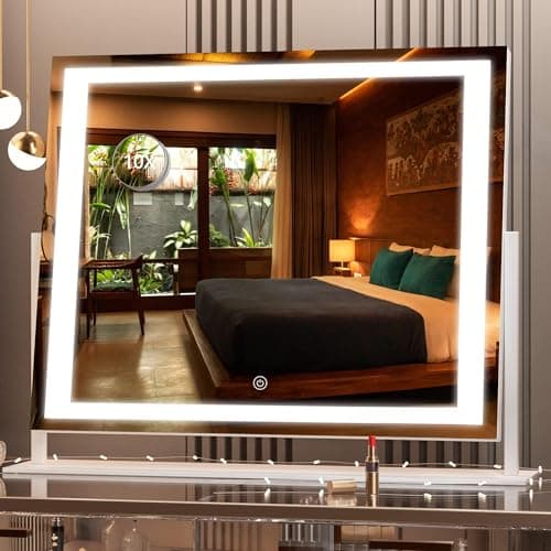 Hasipu Vanity Mirror with Lights, 24.2" x 19.7" LED Makeup Mirror, Light up Mirror with 10X Magnification and USB, Phone Holder, Smart Touch 3 Colors Dimmable, 360° Rotation (Right Angle White)