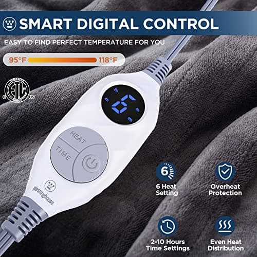 Westinghouse Electric Blanket Heated Throw, Super Cozy Soft Flannel 50"" x 60"" Heated Throw with 6 Fast Heating Levels & 2-10 Auto-Off, Machine Washable, ETL&FCC Certification, Home Office Use, Grey 5