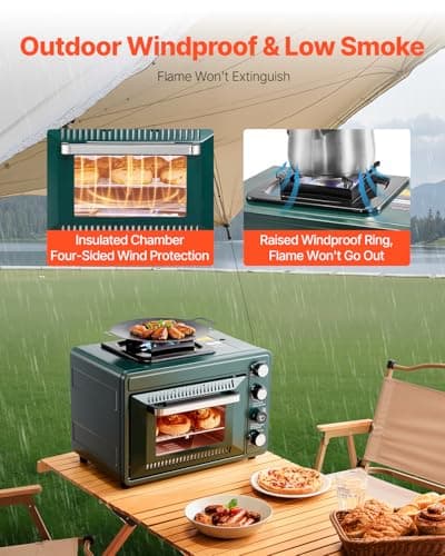VEVOR Outdoor Camping Oven, 2-in-1 Portable Gas Camping Stove Oven Combo, Adjustable Fire, 60-Minute Timer, Windproof, for Camping Backyard Picnic Outdoor Cooking, Universal Butane Canister Compatible 5