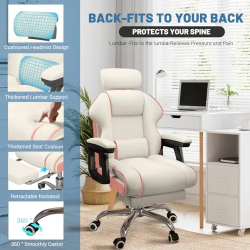 XUEGW Executive Computer Chair Home Office Desk Chair,Adjustable Angle, Ergonomic Adjustable Height PU Leather Chairs with Cushions Armrest for Long Time Seating-High Office Chair with Footrest 6