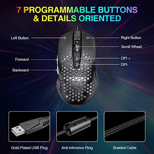 BENGOO RGB Gaming Mouse, Wired USB Mouse with Lightweight Honeycomb Shell, 7200 DPI Adjustable, 7 Programmed Buttons, Ergonomic Optical Computer Gamer Gaming Mice for Windows PC Laptop 6